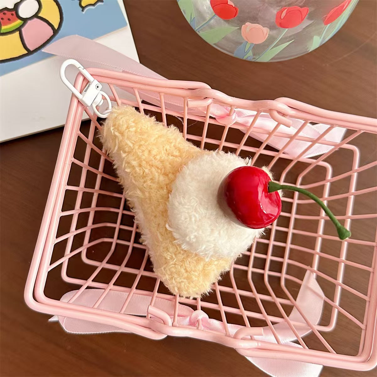 Kawaii Cherry Cake Slice Plush Bag Charm – Cute Dessert Keychain for Backpacks & Purses