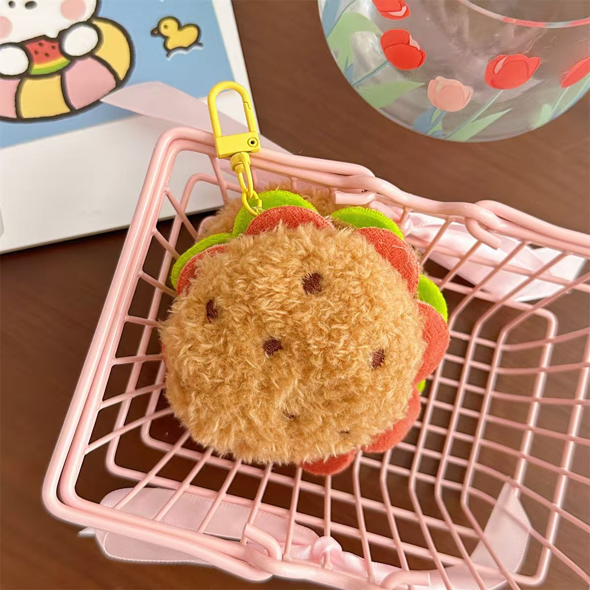 Kawaii Hamburger Plush Bag Charm – Cute Fast Food Keychain for Backpacks & Purses