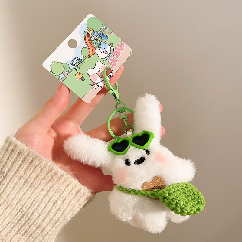 Plush Bunny Bag Charm with Heart Sunglasses & Mini Crochet Bag – Cute Keychain for Handbags & Backpacks