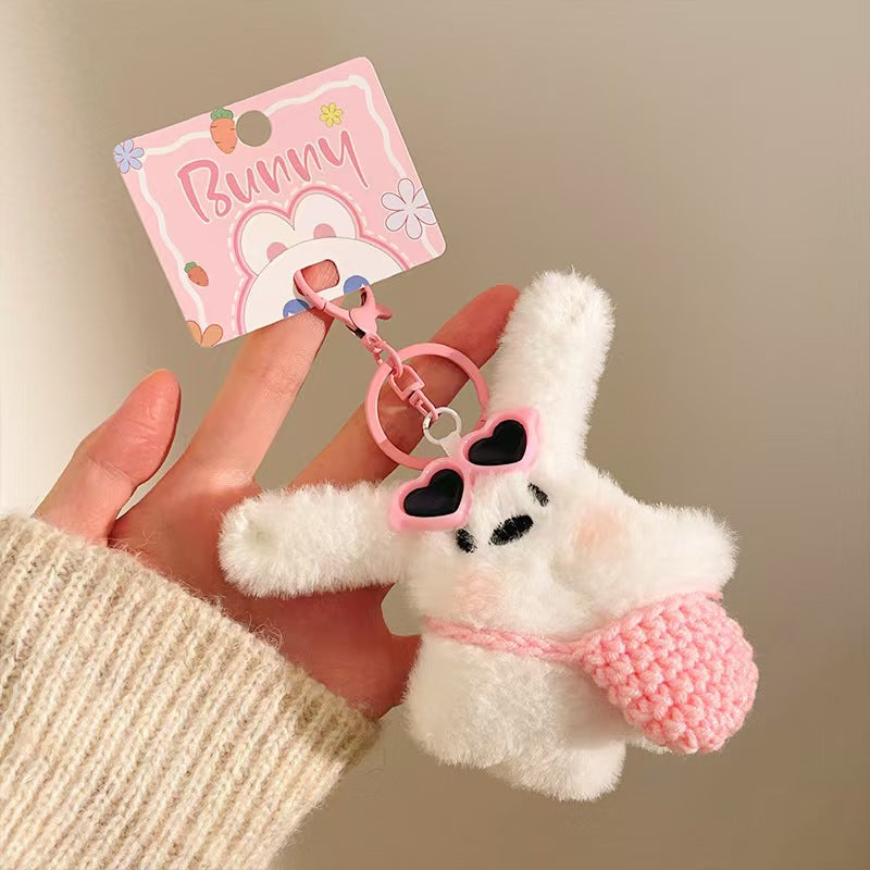 Plush Bunny Bag Charm with Heart Sunglasses & Mini Crochet Bag – Cute Keychain for Handbags & Backpacks