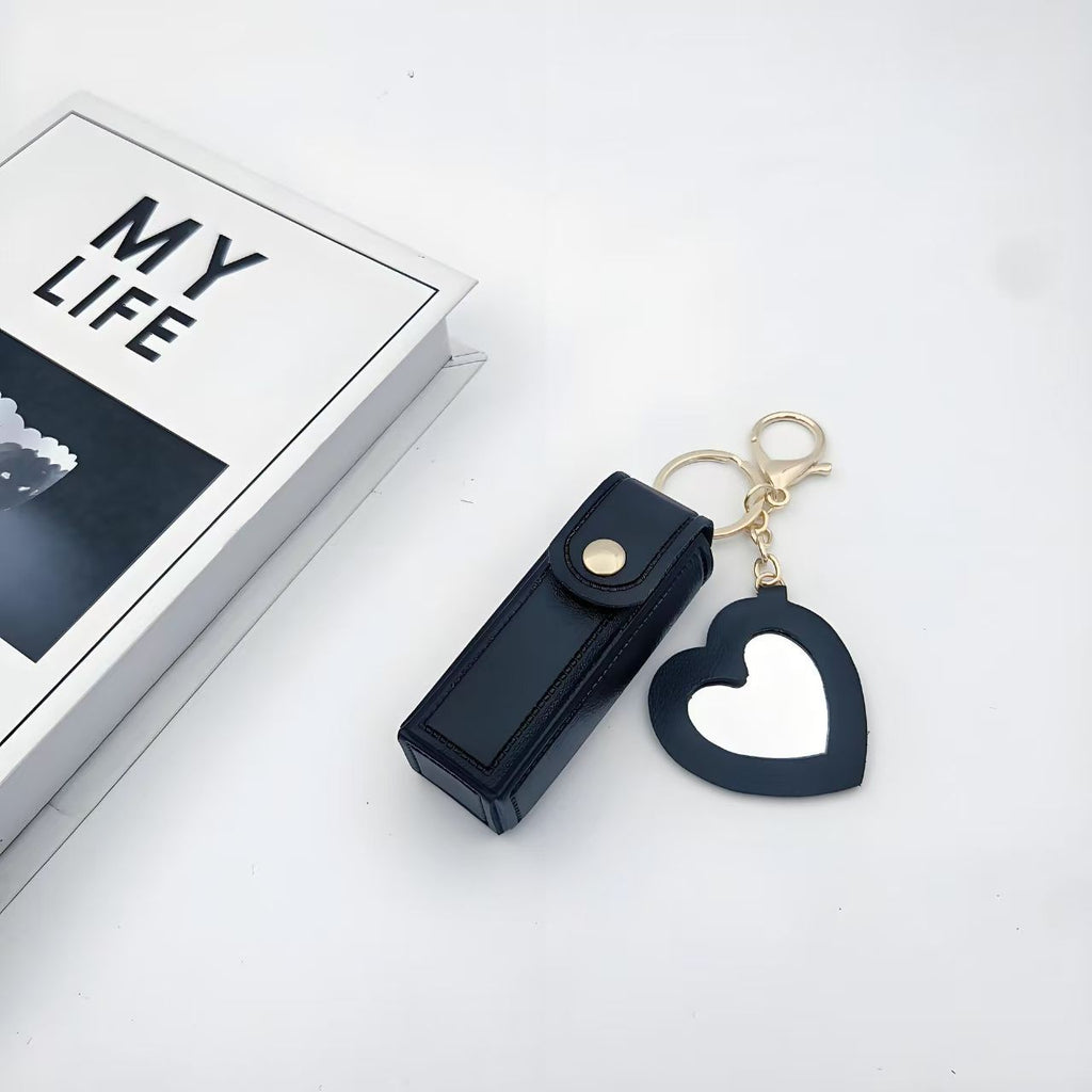 Heart Mirror Lipstick Case Keychain – Portable PU Leather Lipstick Holder with Key Ring & Heart-Shaped Mirror – Multi-Color