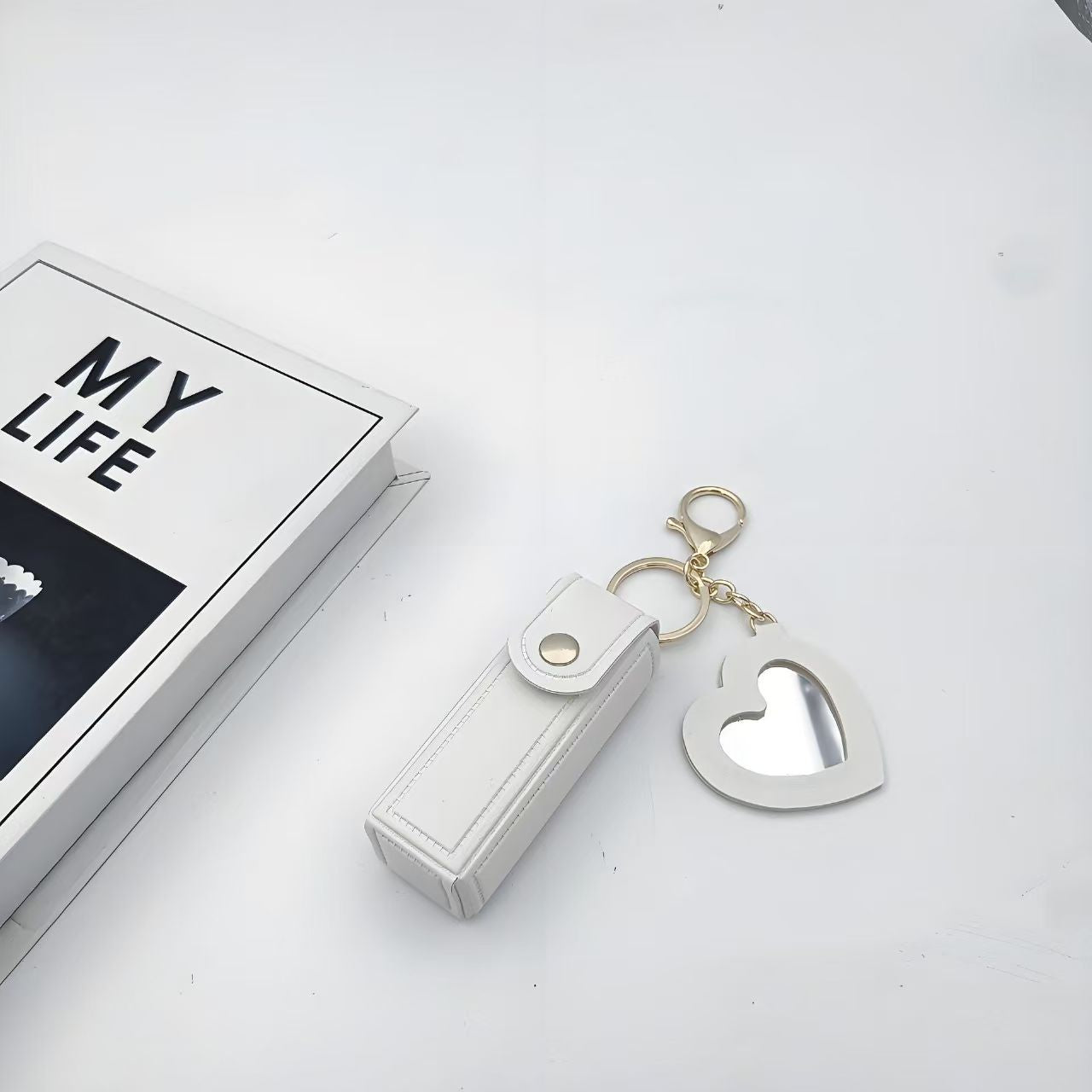 Heart Mirror Lipstick Case Keychain – Portable PU Leather Lipstick Holder with Key Ring & Heart-Shaped Mirror – Multi-Color