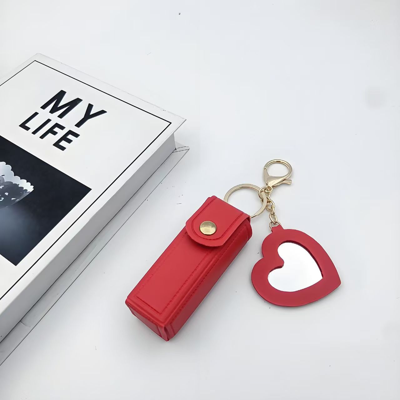 Heart Mirror Lipstick Case Keychain – Portable PU Leather Lipstick Holder with Key Ring & Heart-Shaped Mirror – Multi-Color