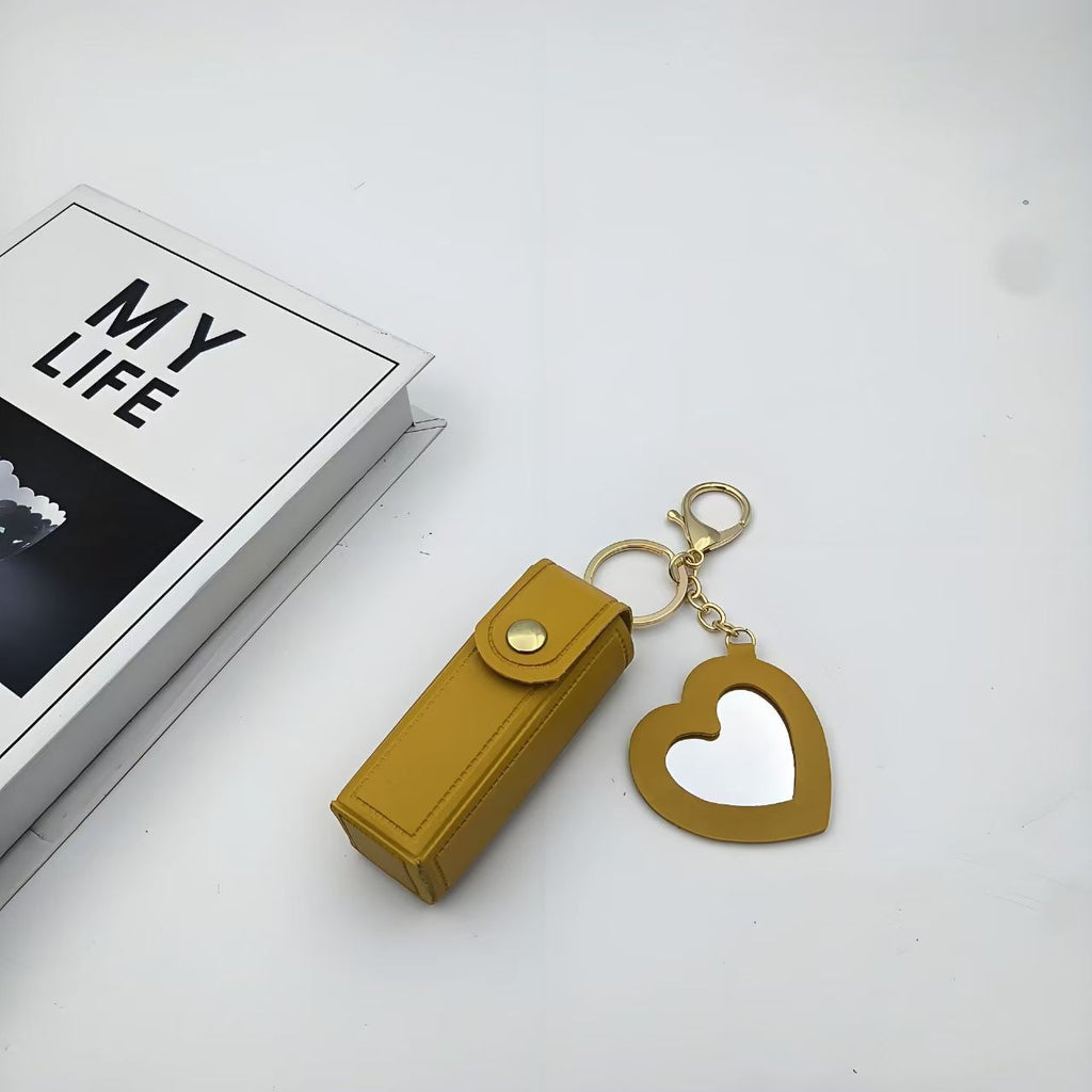 Heart Mirror Lipstick Case Keychain – Portable PU Leather Lipstick Holder with Key Ring & Heart-Shaped Mirror – Multi-Color