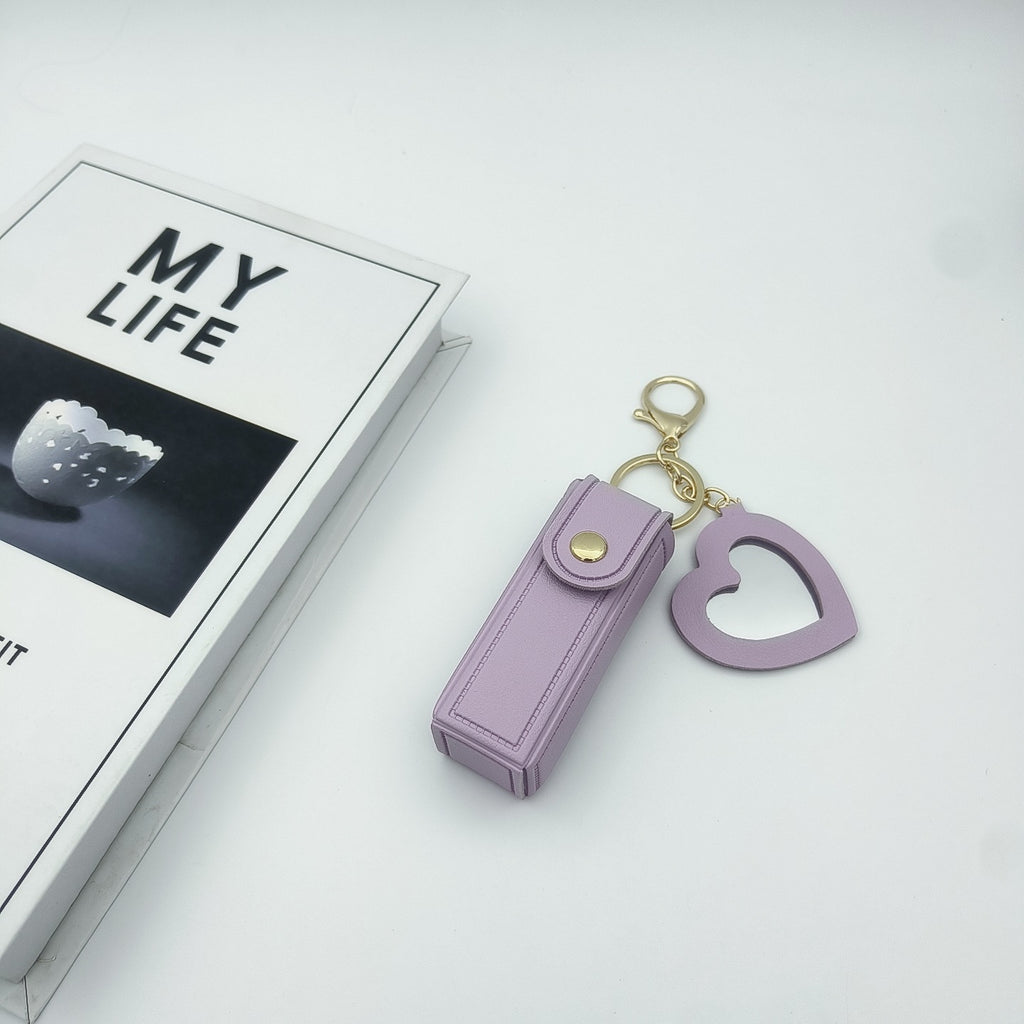 Heart Mirror Lipstick Case Keychain – Portable PU Leather Lipstick Holder with Key Ring & Heart-Shaped Mirror – Multi-Color