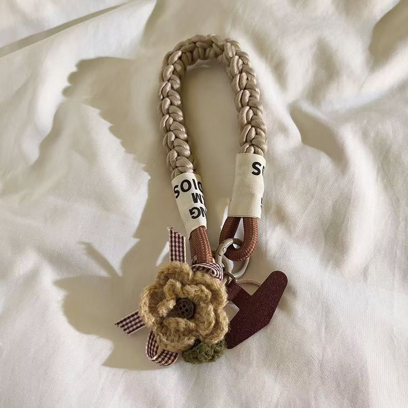 Braided Strap Crochet Flower Bag Charm – Vintage Boho Handbag & Backpack Accessory with Gingham Ribbon