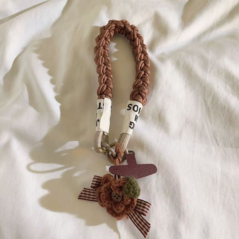 Braided Strap Crochet Flower Bag Charm – Vintage Boho Handbag & Backpack Accessory with Gingham Ribbon