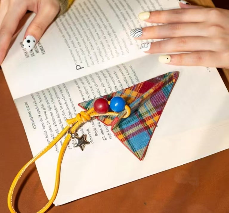 Plaid Triangle Bag Charm with Bead Accent – Retro Checkered Bag Accessory Keychain