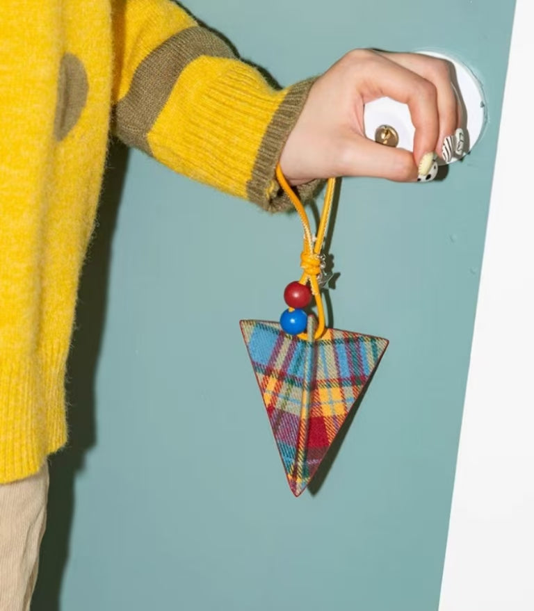 Plaid Triangle Bag Charm with Bead Accent – Retro Checkered Bag Accessory Keychain