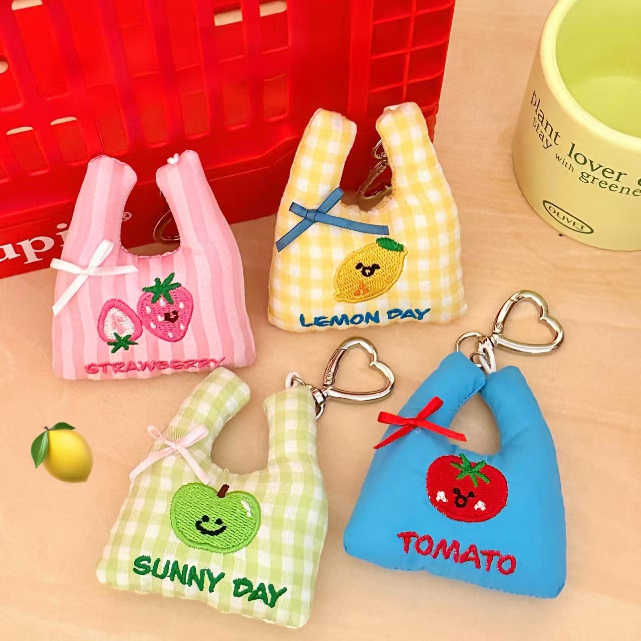Cute Fruit Mini Tote Bag Keychain – Tomato, Apple, Lemon, Strawberry | Plush Gingham & Stripe Charm