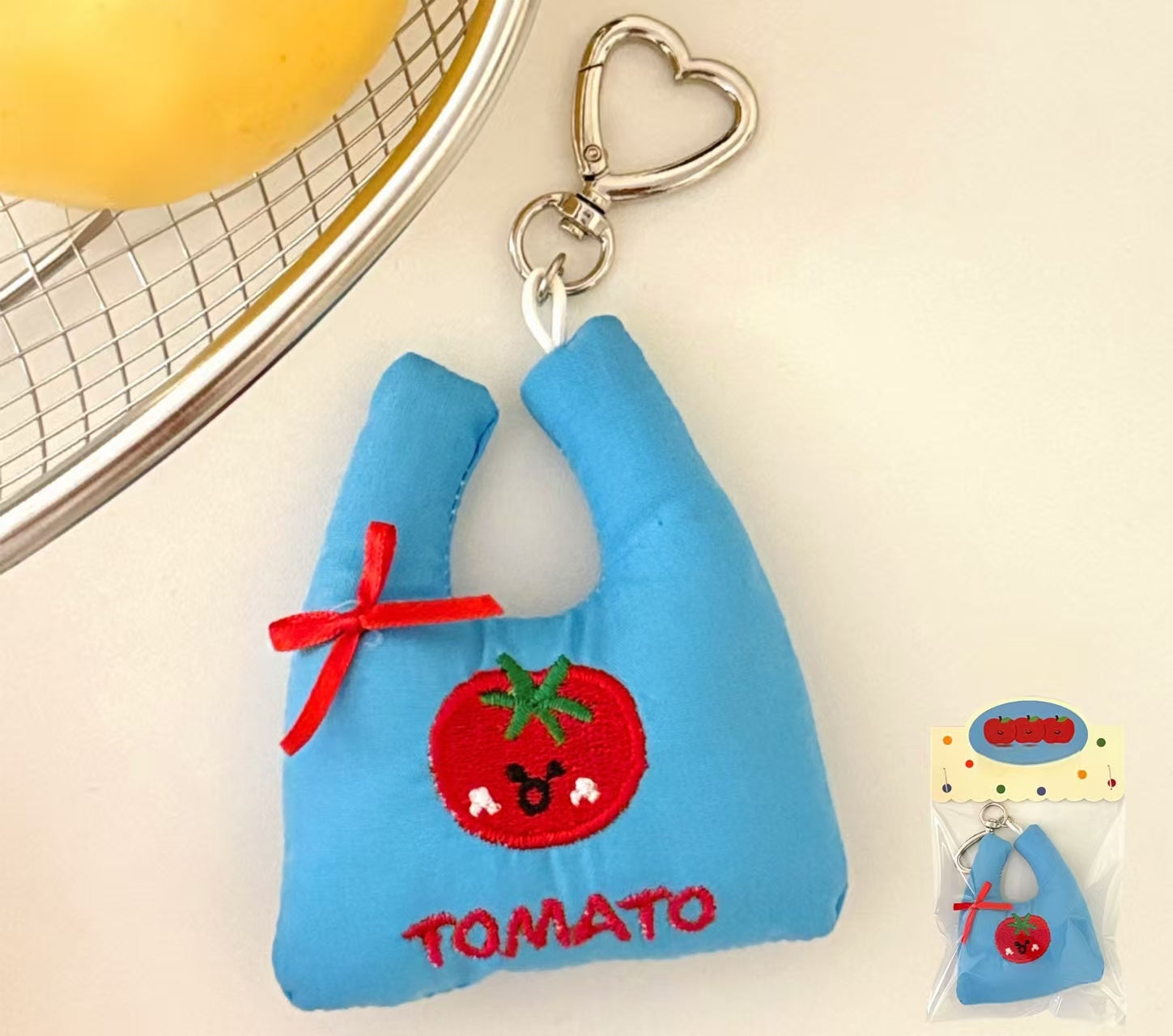 Cute Fruit Mini Tote Bag Keychain – Tomato, Apple, Lemon, Strawberry | Plush Gingham & Stripe Charm