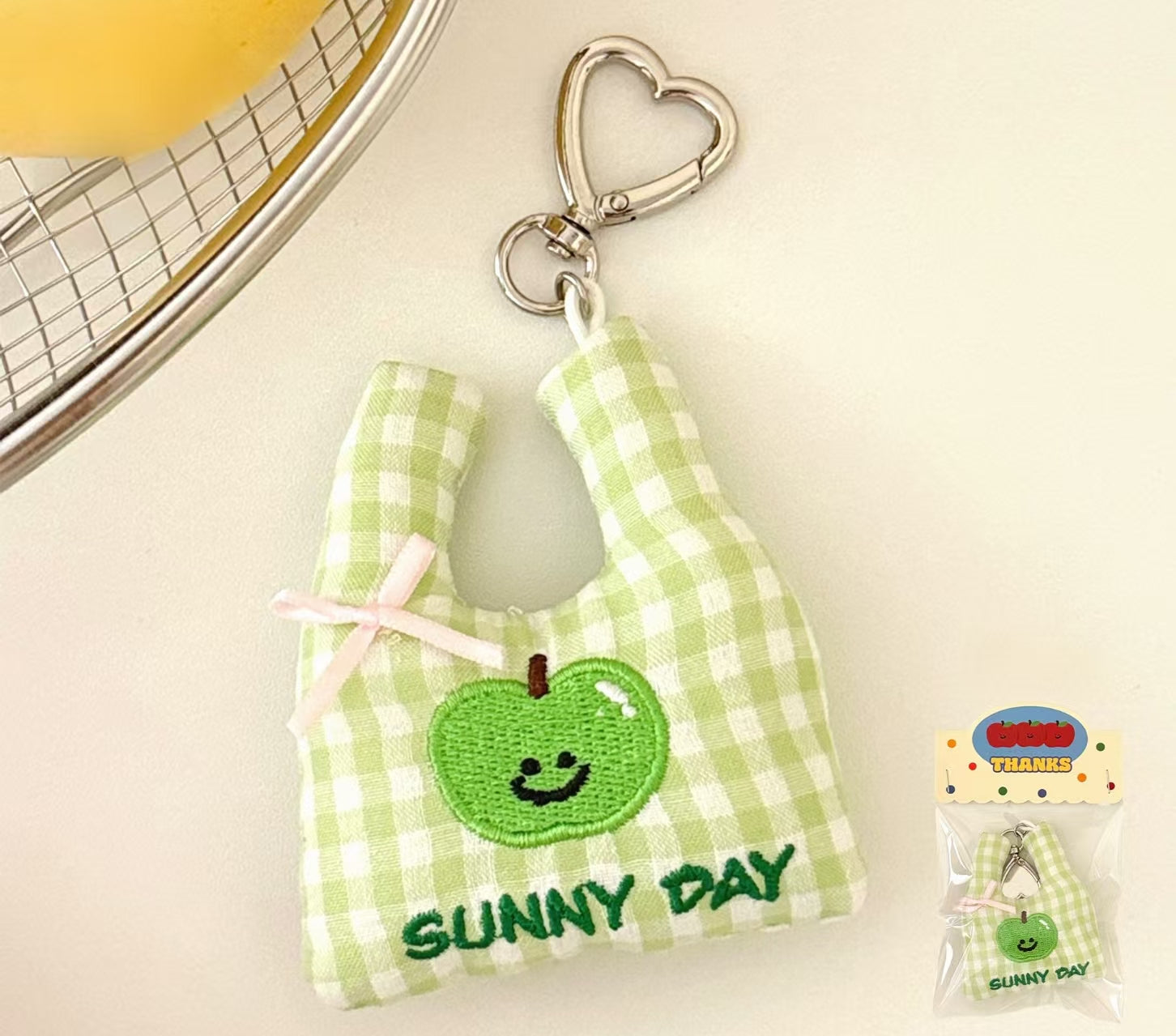 Cute Fruit Mini Tote Bag Keychain – Tomato, Apple, Lemon, Strawberry | Plush Gingham & Stripe Charm