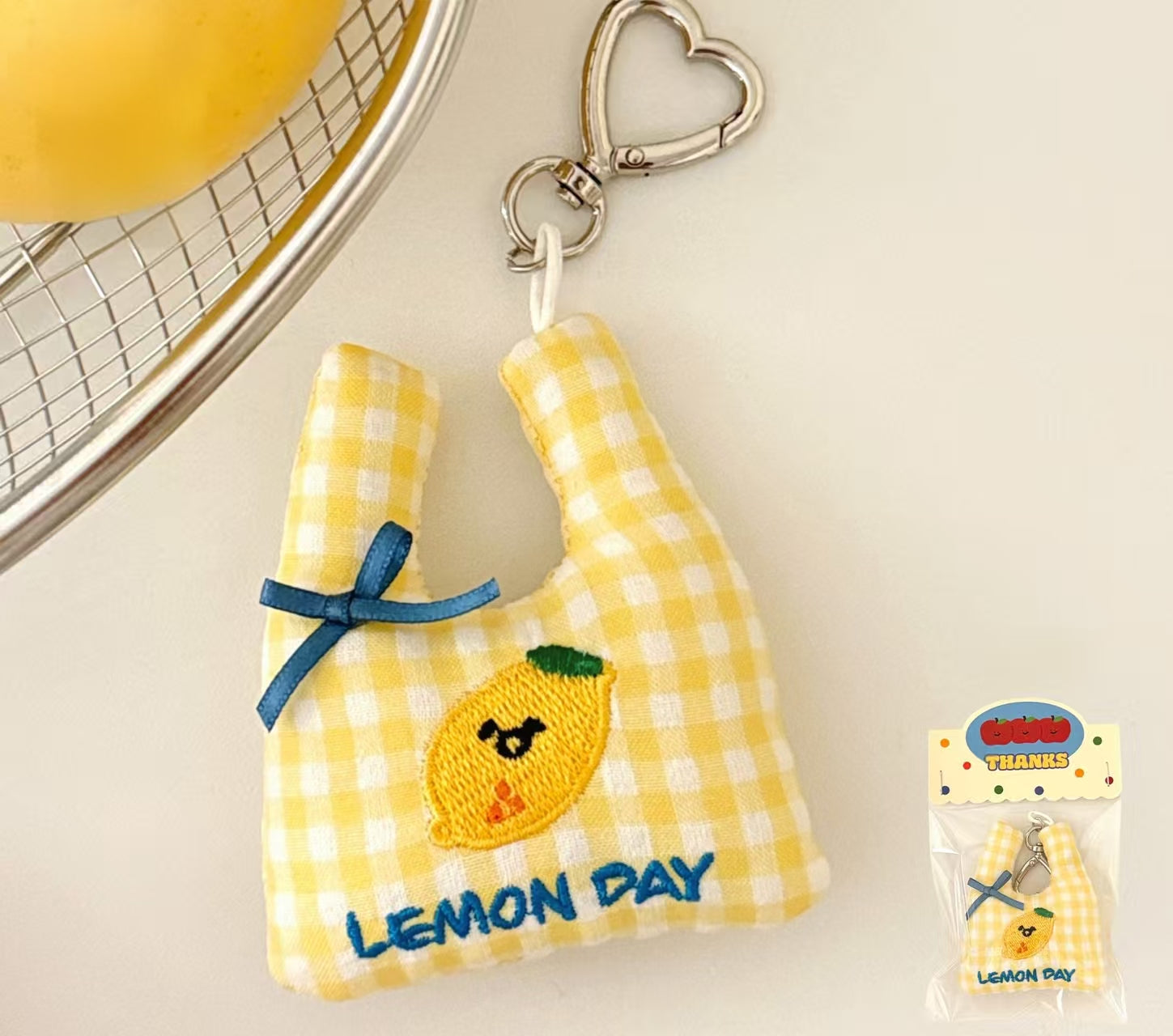 Cute Fruit Mini Tote Bag Keychain – Tomato, Apple, Lemon, Strawberry | Plush Gingham & Stripe Charm