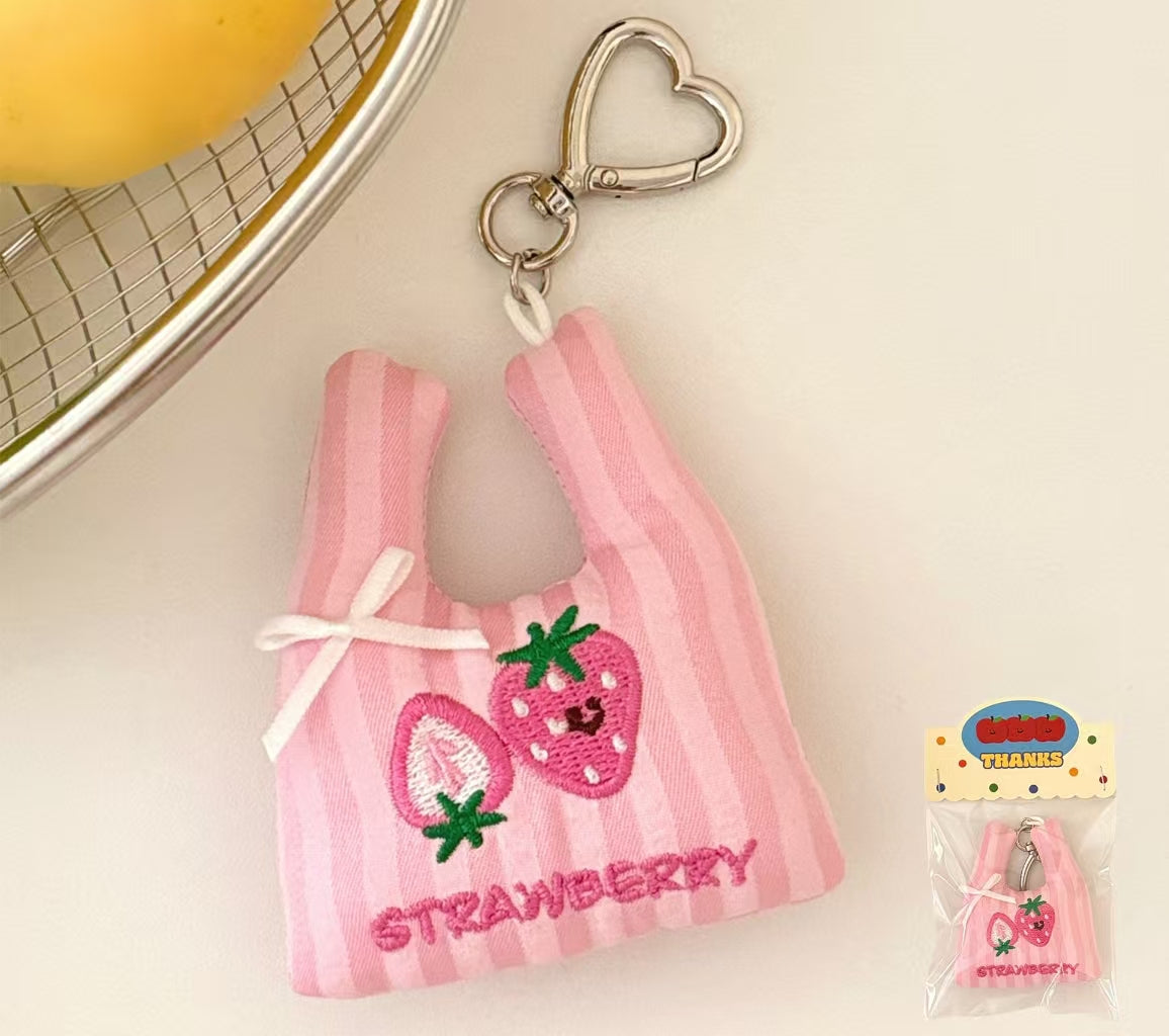 Cute Fruit Mini Tote Bag Keychain – Tomato, Apple, Lemon, Strawberry | Plush Gingham & Stripe Charm