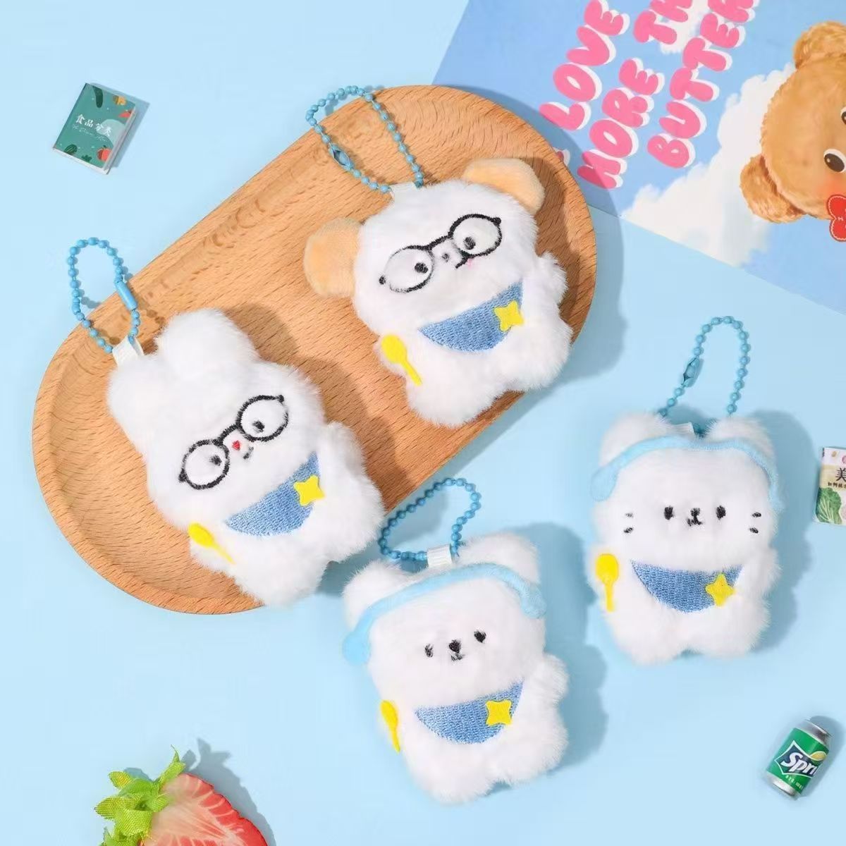 Kawaii Plush Cat Bag Charm – White Teddy with Blue Headphones & Star | Fluffy Keychain for Bags & Backpacks