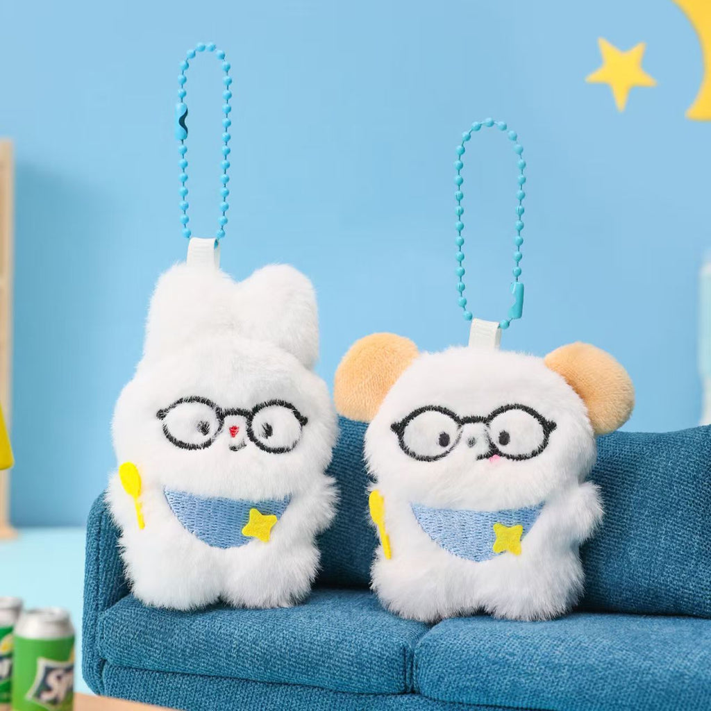 Kawaii Plush Puppy Bag Charm – White Dog with Glasses & Blue Sweater | Fluffy Keychain for Bags & Backpacks