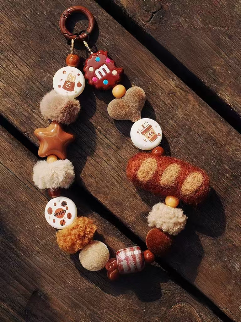 Coffee & Bakery Theme Bag Charm – Cute Bread, Cookie, and Candy Beaded Keychain for Handbags & Backpacks