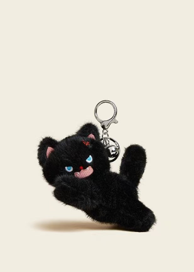 Cute Plush Cat Keychain with Bell – White & Black Furry Cartoon Cat Bag Charm