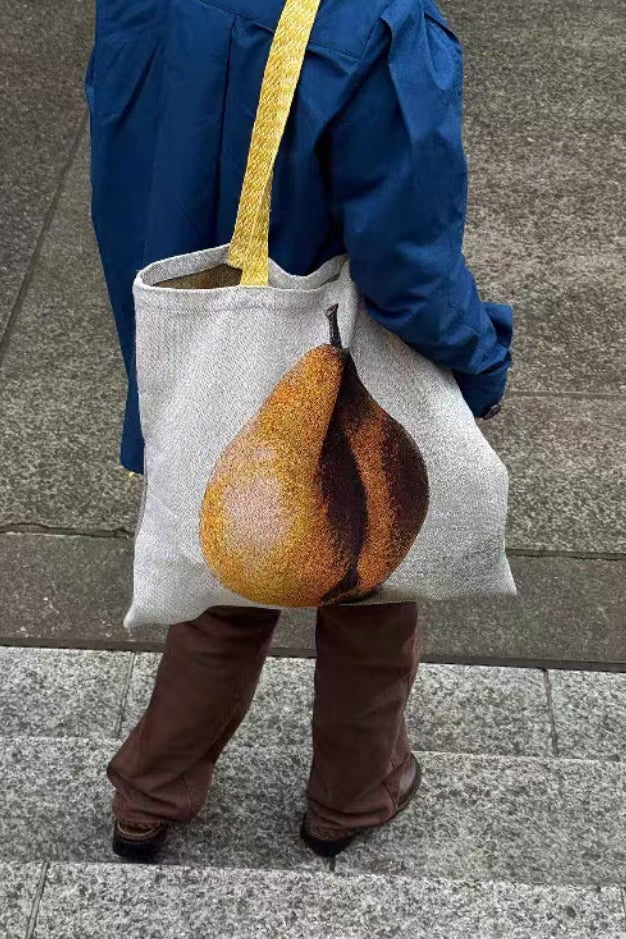 Oversized Pear Print Canvas Tote Bag – Artistic Fruit Shoulder Shopper with Yellow Strap