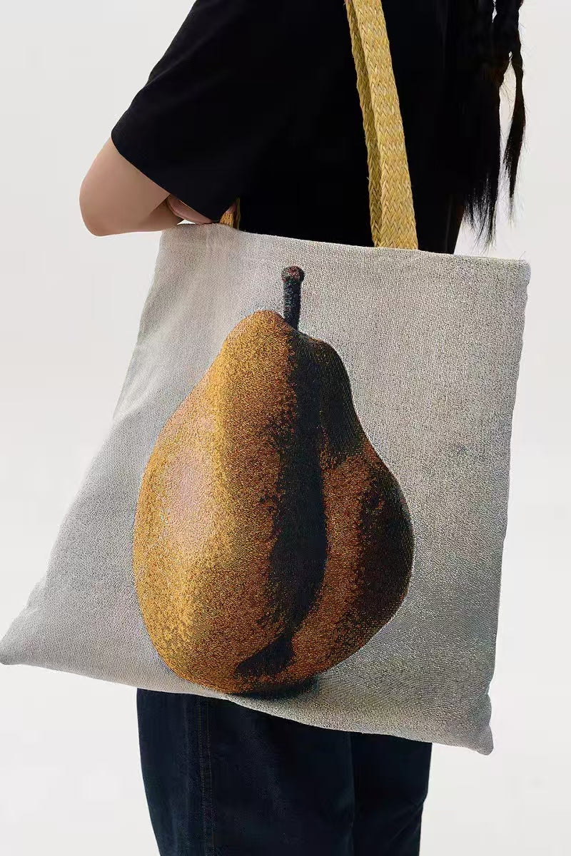 Oversized Pear Print Canvas Tote Bag – Artistic Fruit Shoulder Shopper with Yellow Strap
