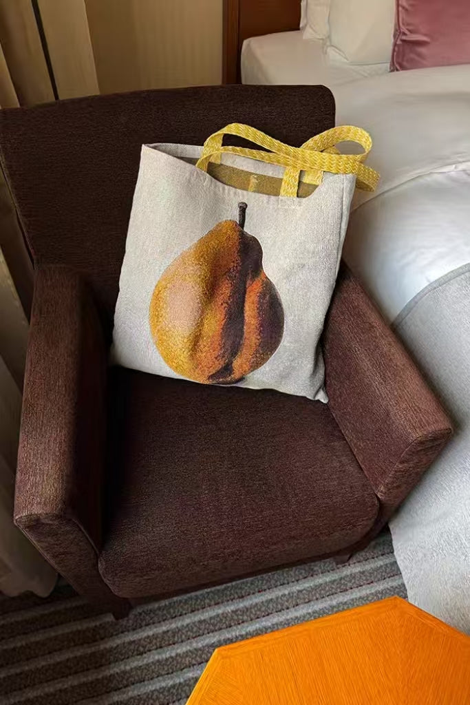 Oversized Pear Print Canvas Tote Bag – Artistic Fruit Shoulder Shopper with Yellow Strap