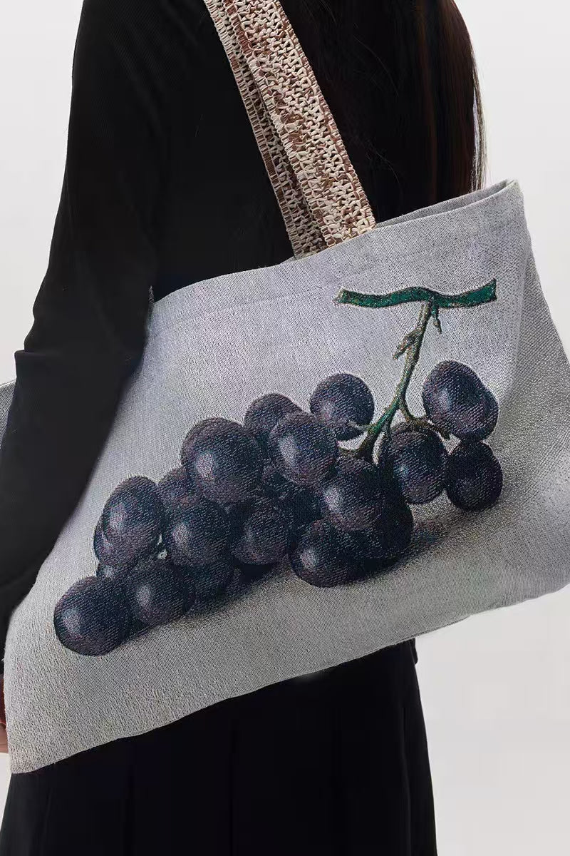 Vintage Fruit Print Canvas Tote Bag – Large Shoulder Bag with Grape Design for Everyday & Shopping