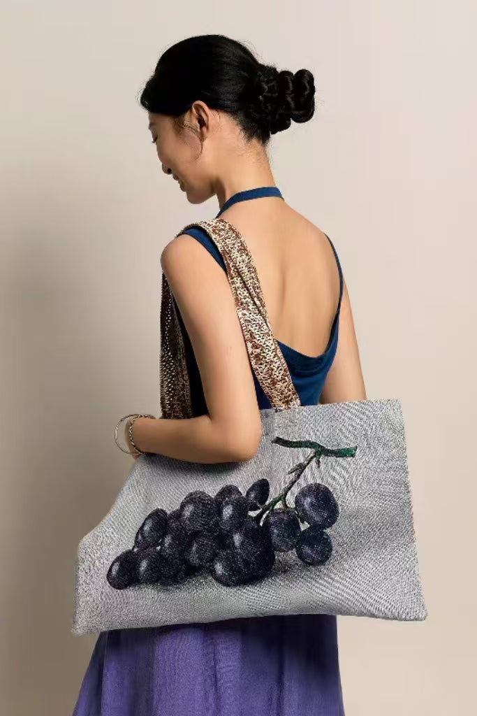 Vintage Fruit Print Canvas Tote Bag – Large Shoulder Bag with Grape Design for Everyday & Shopping
