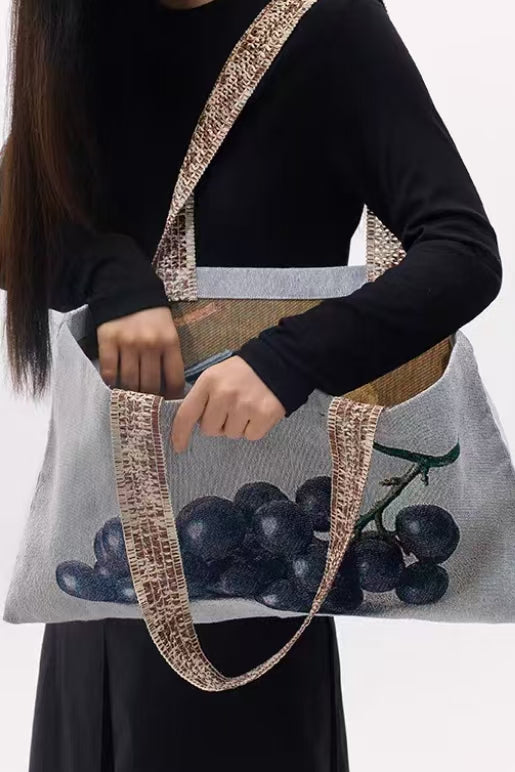 Vintage Fruit Print Canvas Tote Bag – Large Shoulder Bag with Grape Design for Everyday & Shopping