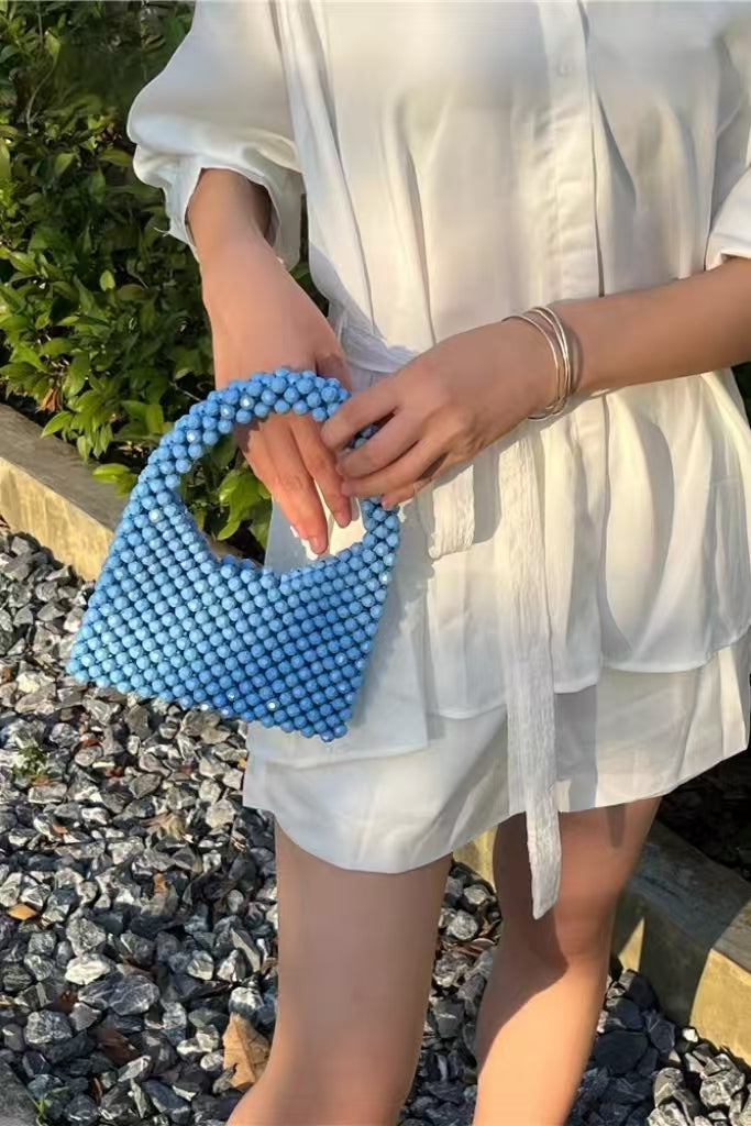 Beaded Handbag for Women – Chic Acrylic Bead Purse in Yellow, Green, Blue, Black, and Silver – Vintage-Inspired Shoulder Bag