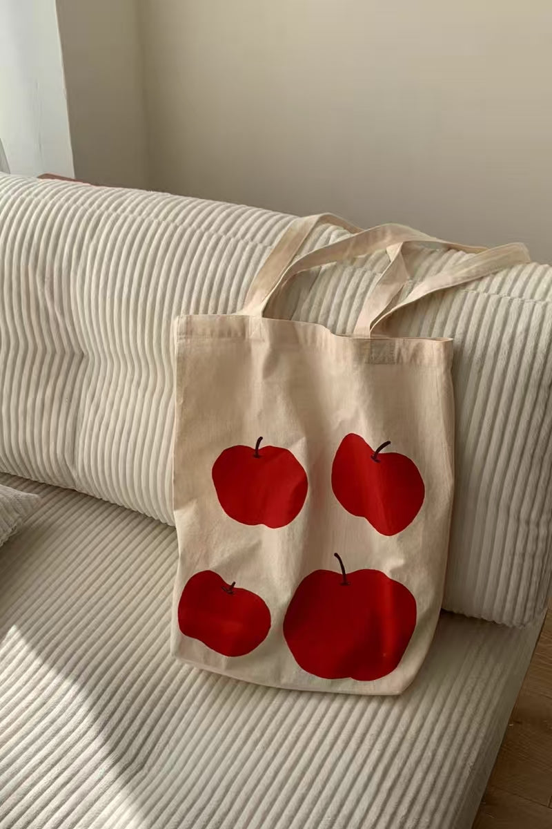 Red Apple Print Canvas Tote Bag – Eco-Friendly Reusable Shoulder Shopper Bag