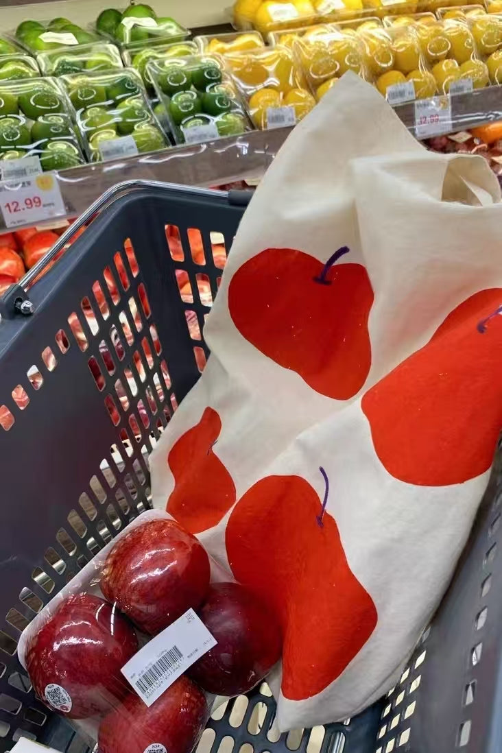 Red Apple Print Canvas Tote Bag – Eco-Friendly Reusable Shoulder Shopper Bag