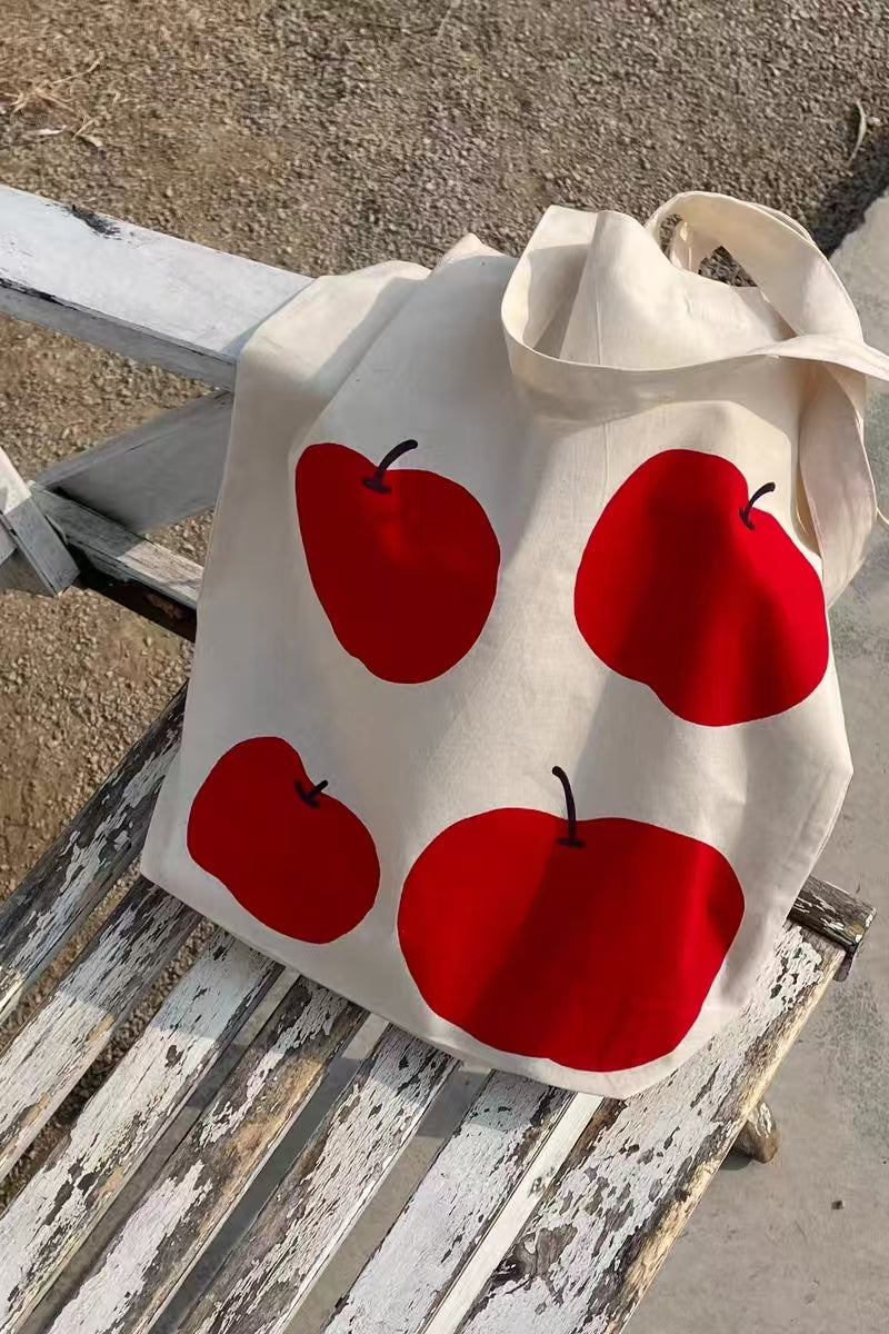 Red Apple Print Canvas Tote Bag – Eco-Friendly Reusable Shoulder Shopper Bag