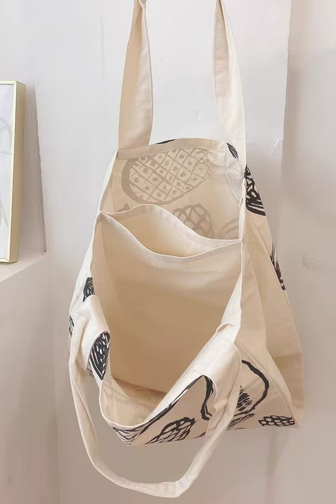 Large Canvas Tote Bag – Minimalist Black & White Botanical Print, Lightweight Shoulder Bag for Everyday Use