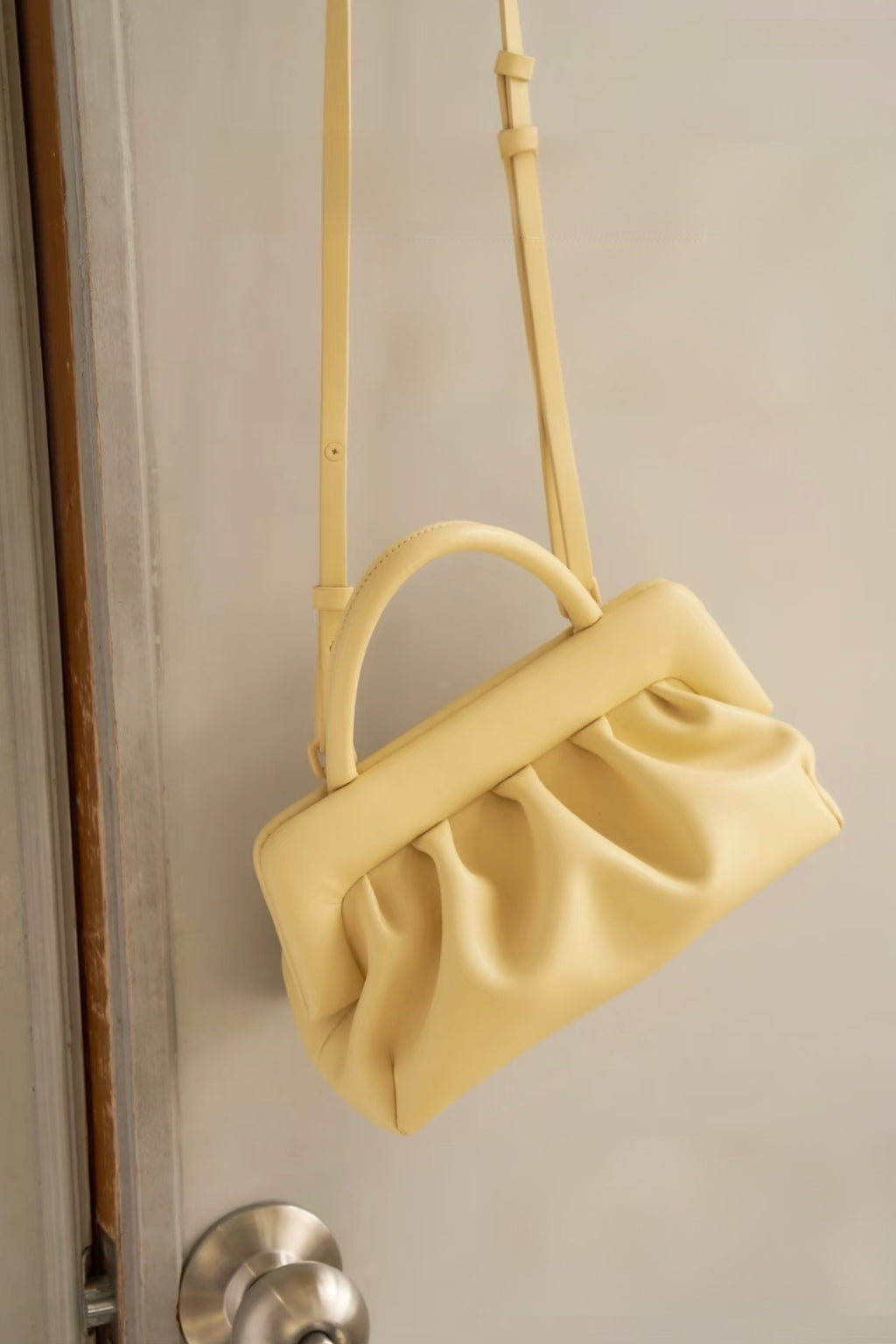 Pleated Frame Handle Bag – Chic Structured Handbag with Top Handle & Shoulder Strap (Yellow, Green, Red, White)