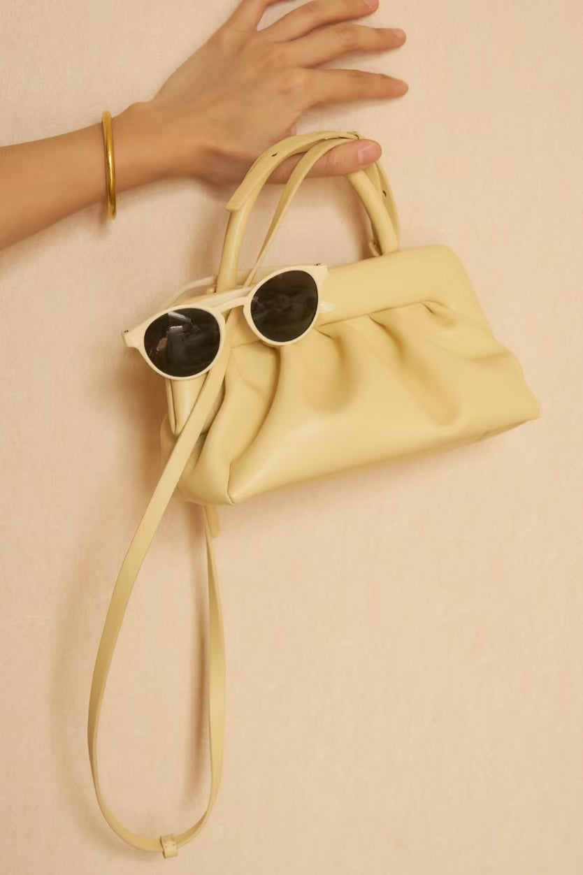 Pleated Frame Handle Bag – Chic Structured Handbag with Top Handle & Shoulder Strap (Yellow, Green, Red, White)
