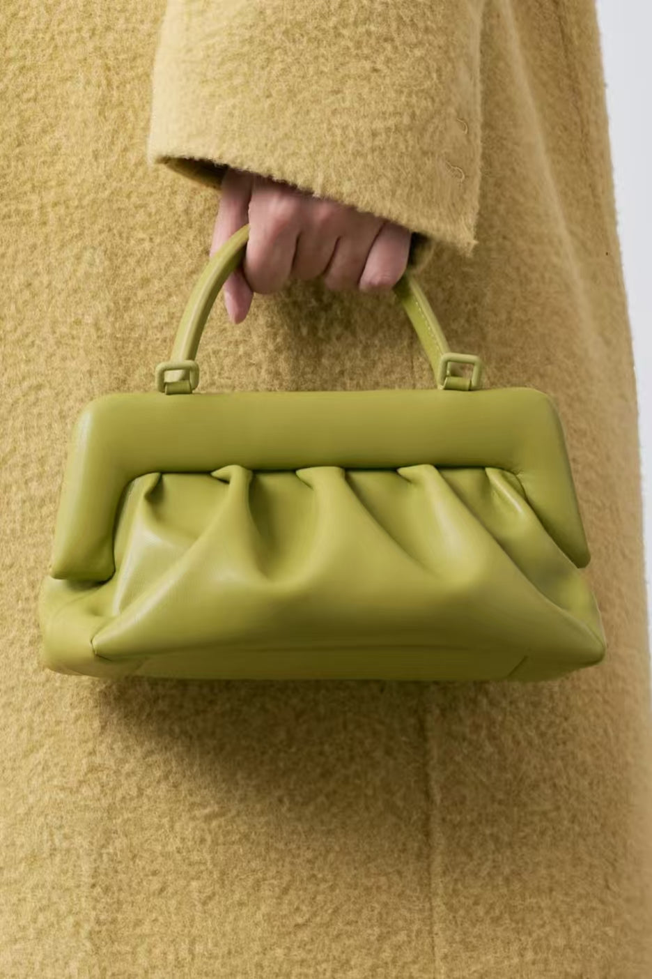 Pleated Frame Handle Bag – Chic Structured Handbag with Top Handle & Shoulder Strap (Yellow, Green, Red, White)