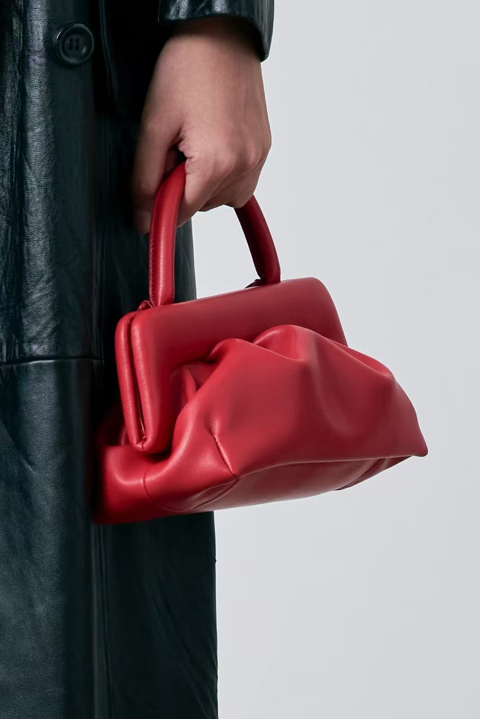 Pleated Frame Handle Bag – Chic Structured Handbag with Top Handle & Shoulder Strap (Yellow, Green, Red, White)