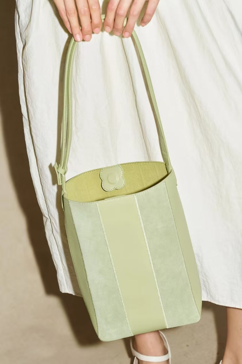 Vintage Striped Bucket Shoulder Bag – Suede & Faux Leather Patchwork Tote for Women