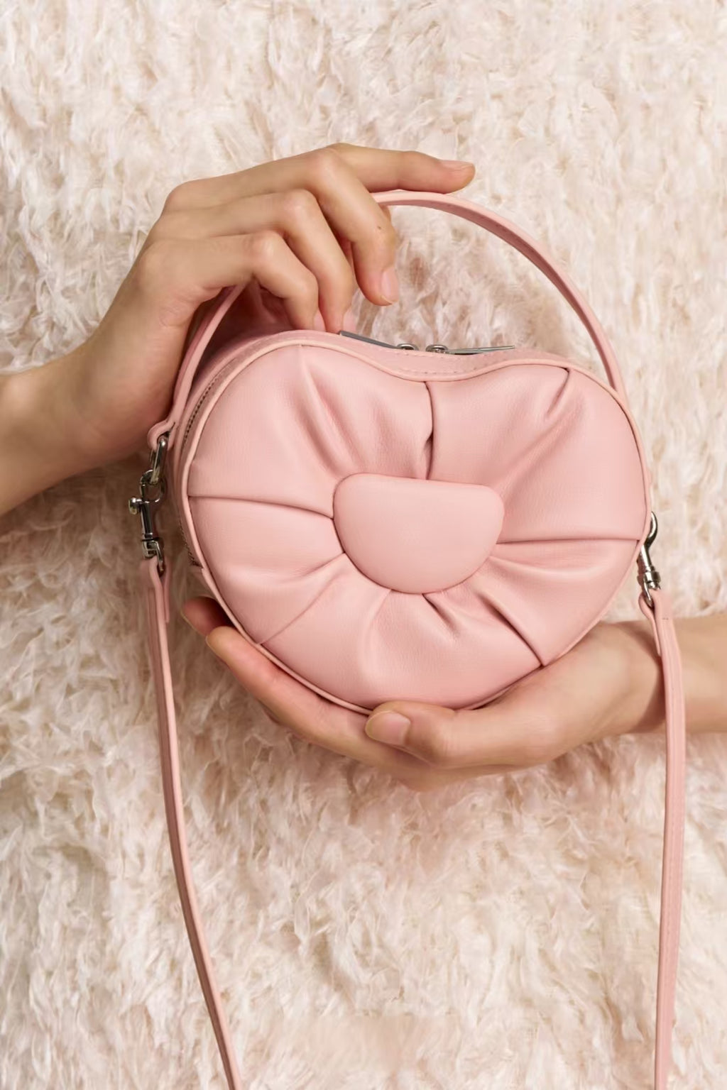 Heart-Shaped Puff Mini Crossbody Bag – Cute Plush Design in Pink, Yellow & Cream | Small Shoulder & Handbag