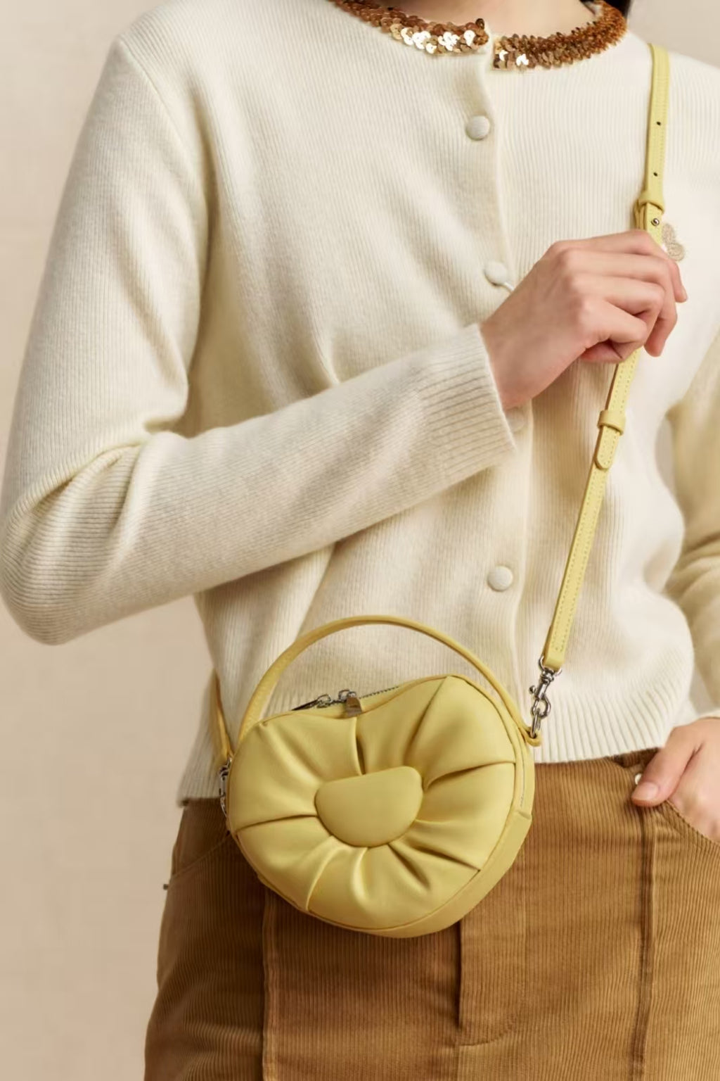Heart-Shaped Puff Mini Crossbody Bag – Cute Plush Design in Pink, Yellow & Cream | Small Shoulder & Handbag