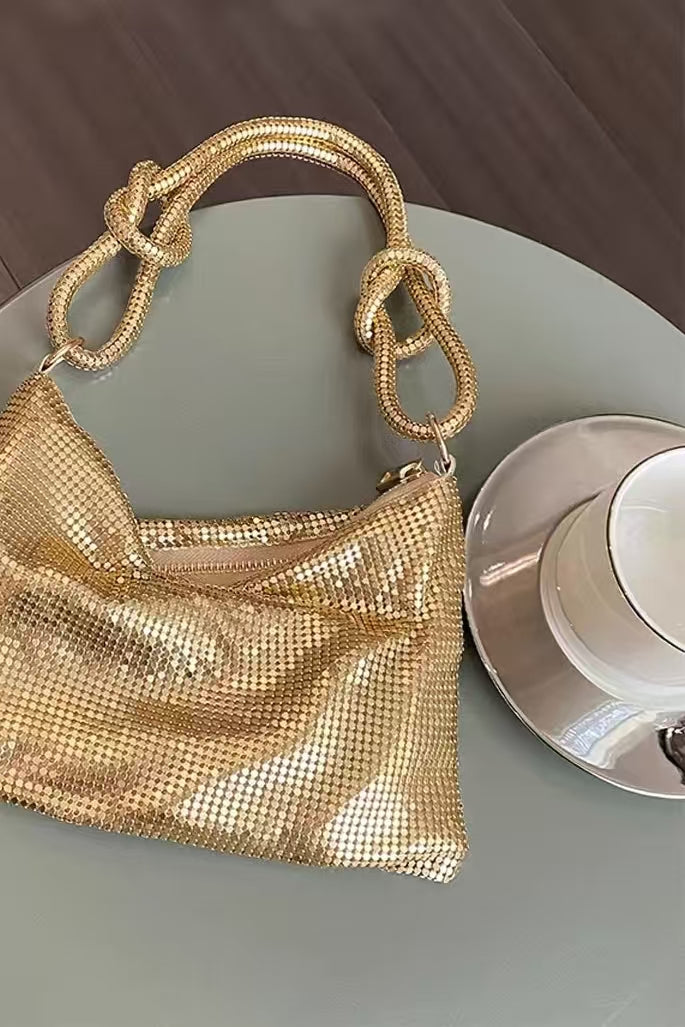 Knot Handle Metallic Mesh Hobo Bag – Shimmering Gold & Silver Evening Shoulder Purse