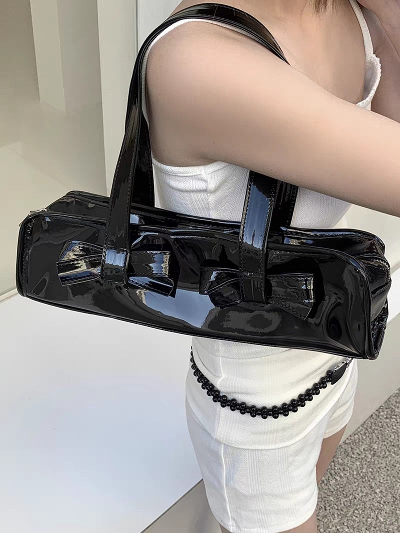 Glossy Bow-Tie Shoulder Handbag – Patent Leather Mini Tote