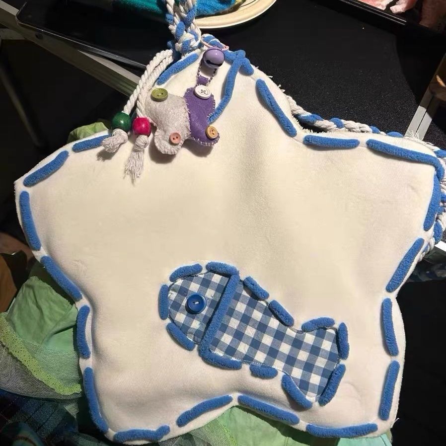 Whimsical Fish-Shaped Tote Bag – Handmade Gingham Patchwork Shoulder Bag with Plush Charm