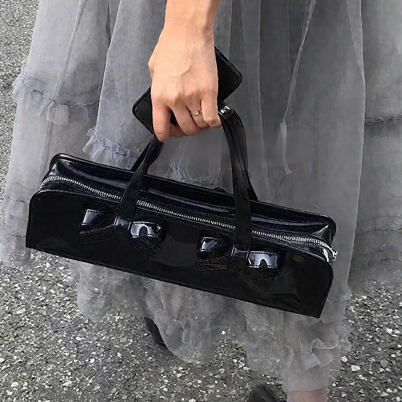 Glossy Bow-Tie Shoulder Handbag – Patent Leather Mini Tote