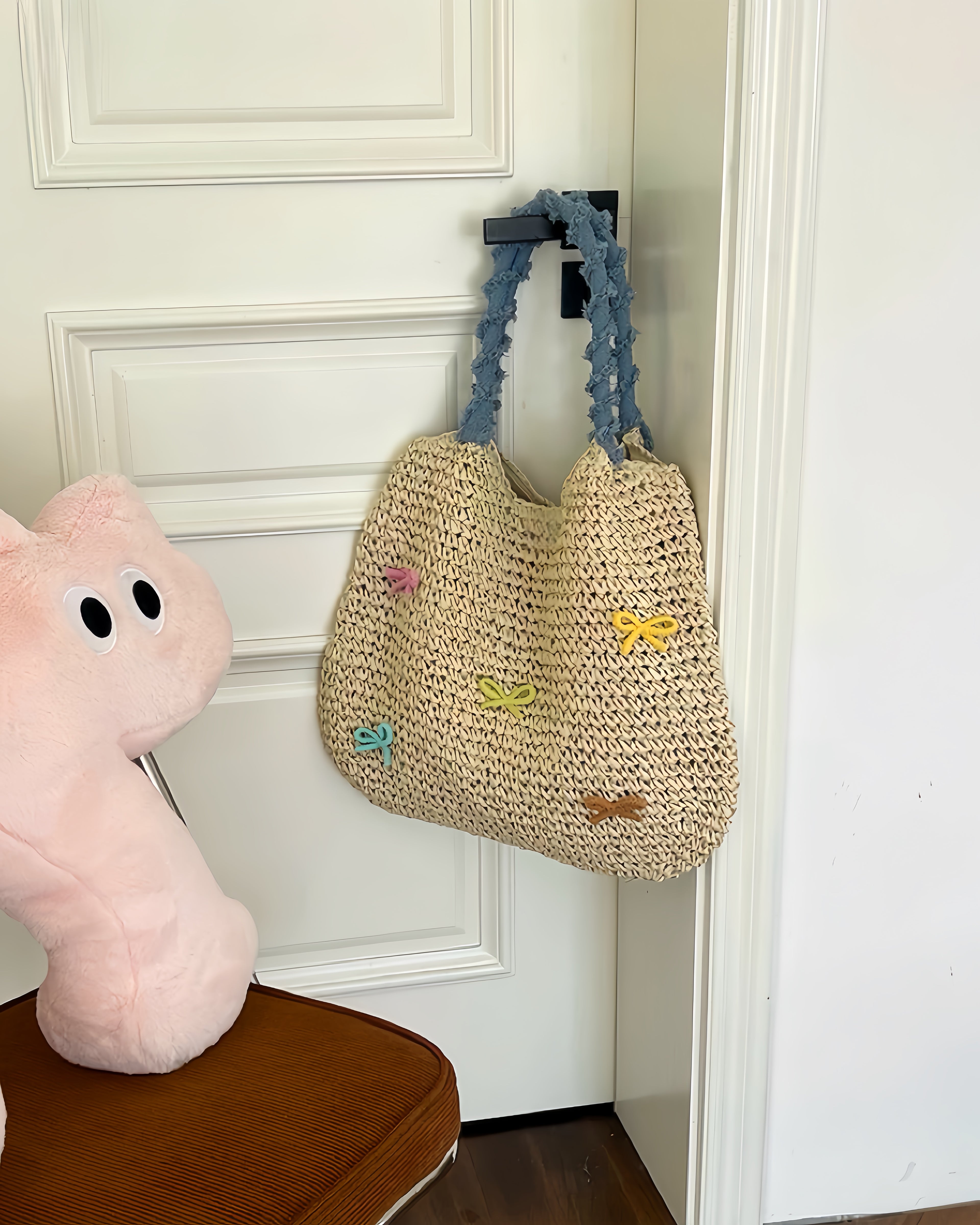 Pastel Bow Woven Straw Tote – Summer Shoulder Bag with Blue Textured Handle | Cute Beach Bag with Colorful Embroidery