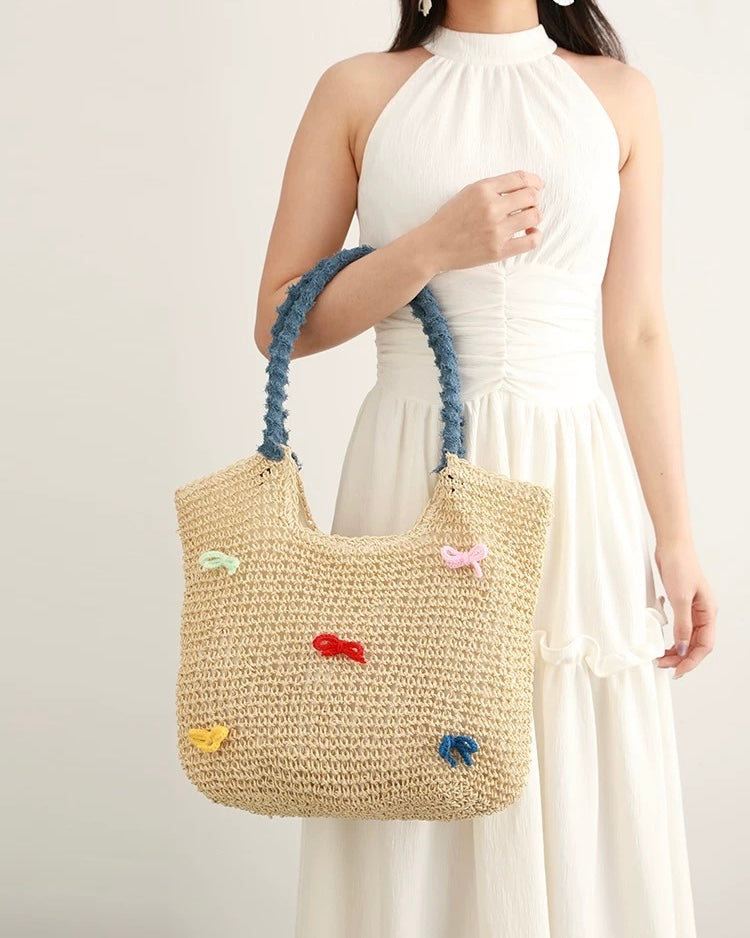 Pastel Bow Woven Straw Tote – Summer Shoulder Bag with Blue Textured Handle | Cute Beach Bag with Colorful Embroidery