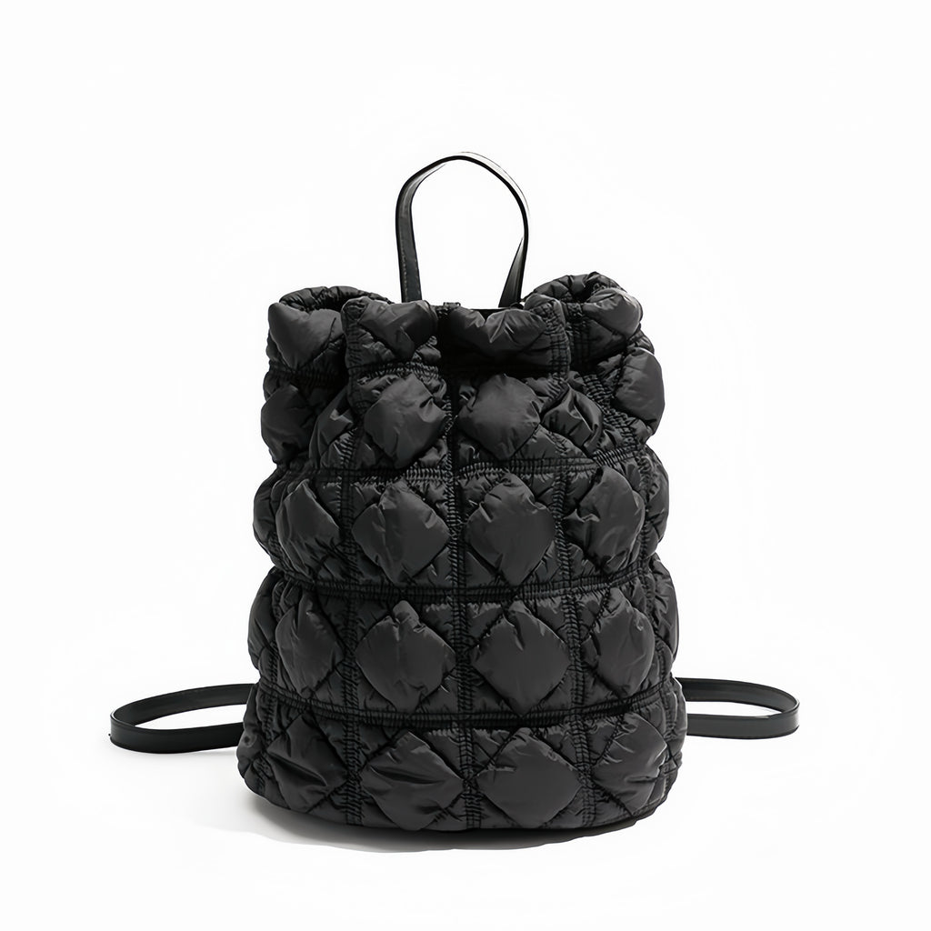 Quilted Puff Backpack – Lightweight Drawstring Bag in Black, White & Silver | Fashion Padded Travel Backpack