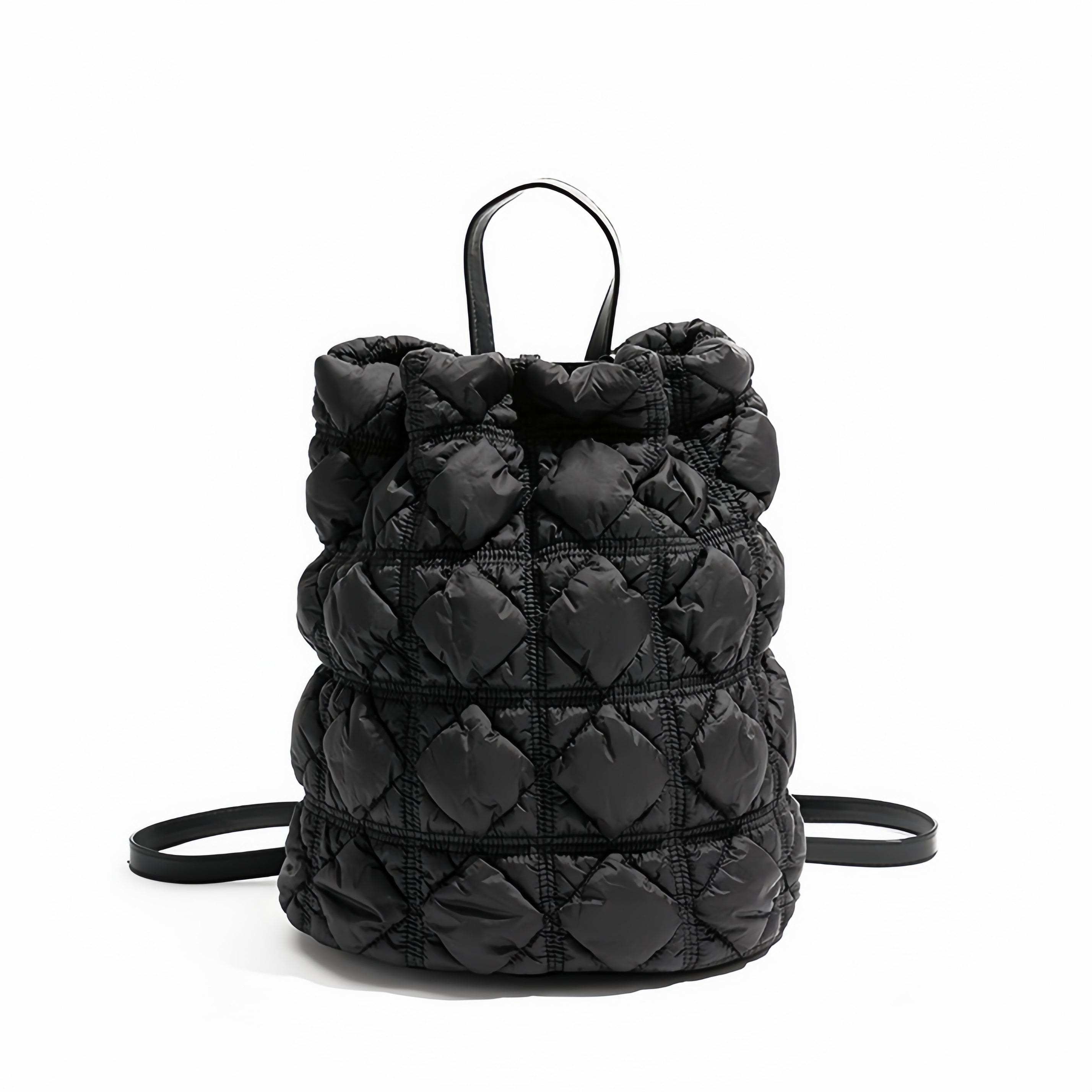 Quilted Puff Backpack – Lightweight Drawstring Bag in Black, White & Silver | Fashion Padded Travel Backpack