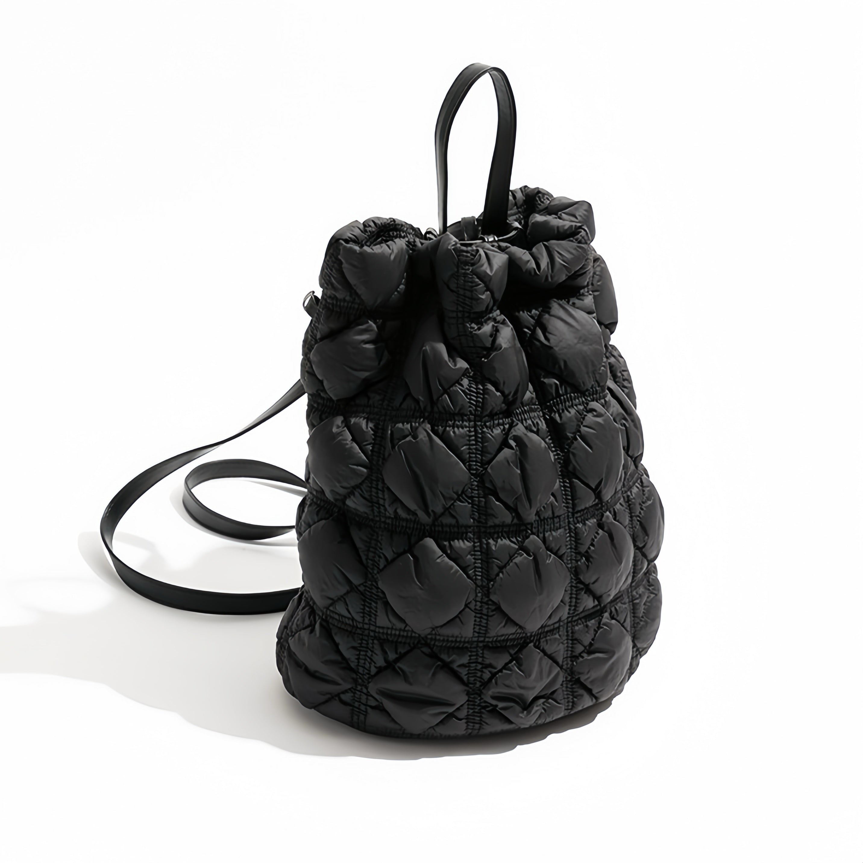 Quilted Puff Backpack – Lightweight Drawstring Bag in Black, White & Silver | Fashion Padded Travel Backpack