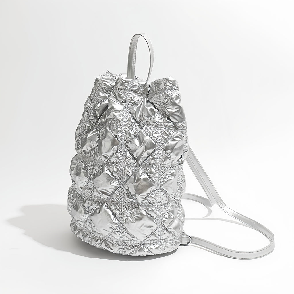 Quilted Puff Backpack – Lightweight Drawstring Bag in Black, White & Silver | Fashion Padded Travel Backpack